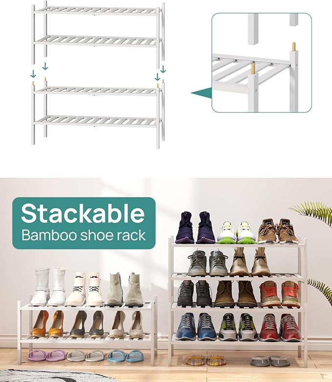 White Shoe Rack for Entryway, 2 Tier Shoe Organizer for Hallway Closet, Bamboo Wood Shoe Racks for Indoor Outdoor (White, 2-Tier)