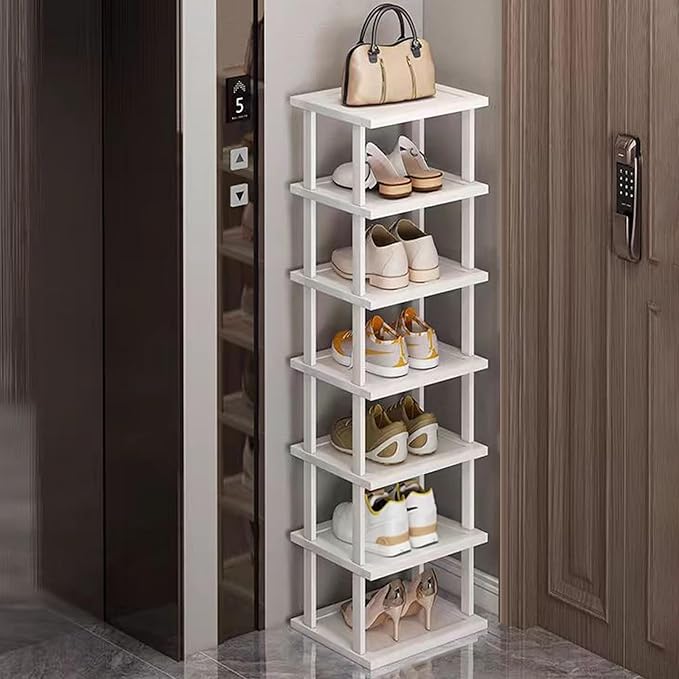 SAN HE 7-Tier Modern Bamboo Shoe Rack - Vertical, Slim, Space-Saving Shoe Organizer for Small Spaces, Closet, Entryway, Corner, Garage, Bedroom