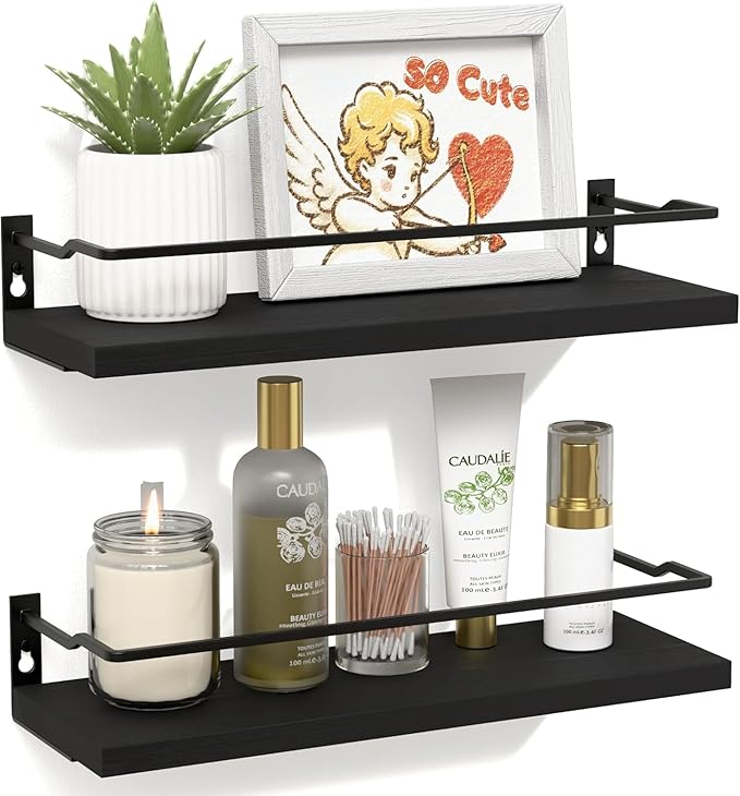 RICHER HOUSE Bathroom Shelves, Black Floating Wall Shelf Organizer Over Toilet Storage with 2 Shelves