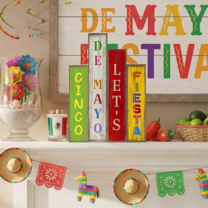 4 Pcs Cinco De Mayo Decor Wooden Books Stack Mexican Table Decorations Rustic Fiesta Tiered Tray Decor Sombrero Cactus Red Chili Centerpiece for Fiesta Mexican Birthday Party Decoration