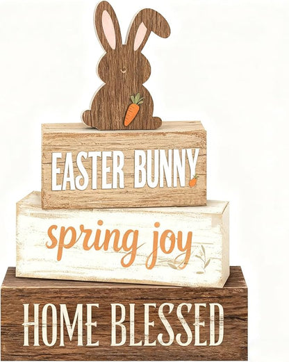 Easter Decorations - Easter Bunny Tiered Tray Decor Set - Wooden Easter Tabletop Decoration - Rustic Farmhouse Spring Home Decor Indoor for Tiered Tray Shelf Mantel Coffee Table Gift - Spring Home Decor for Living Room, Kitchen Counter