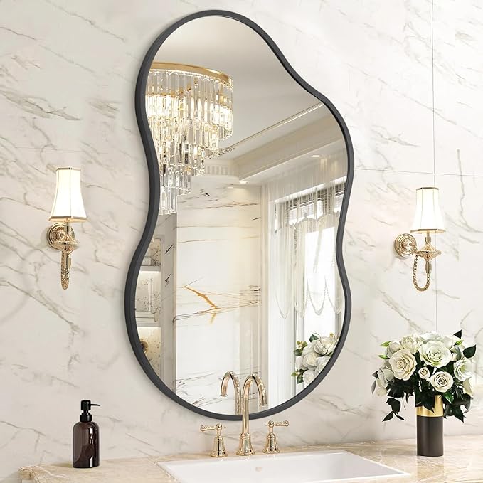 Irregular Wall Mirror, Wall Mirrors Decorative 26"x16" Black Asymmetrical Mirror Aviation Aluminum Alloy Frame for Bathroom, Living Room, Bedroom, Entryway