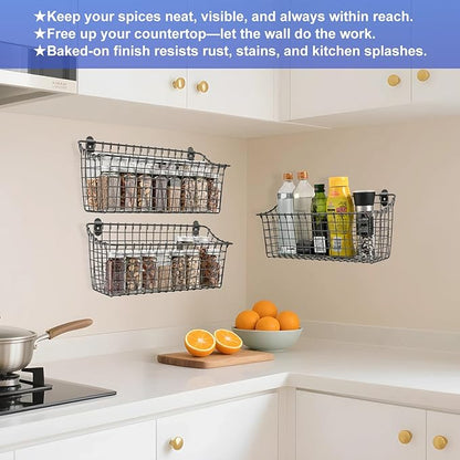 Wall Mounted Iron Spice Rack – Large Grey Painted Kitchen Wall Shelf & Seasoning Organizer for Jars, Condiments & Spices – 40cm W × 14cm D × 18.5cm H Floating Pantry Storage Rack with Screw Mount