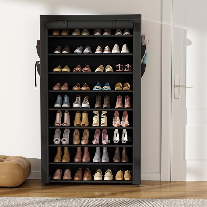 Shoe Rack with Cover Narrow Shoe Organizer with Pockets 10 Tier Tall Shoe Storage Holds 36-41 Pairs Shoes and Boots Shoe Rack for Closet Entryway Garage, Black