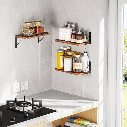 Wooden Floating Shelves for Wall, Floating Shelf for Bedroom Kitchen Decor, Wall Mounted Rustic Farmhouse Wood Shelf for Books, Plants, Set of 3(Rustic Brown, M (Rectangular))