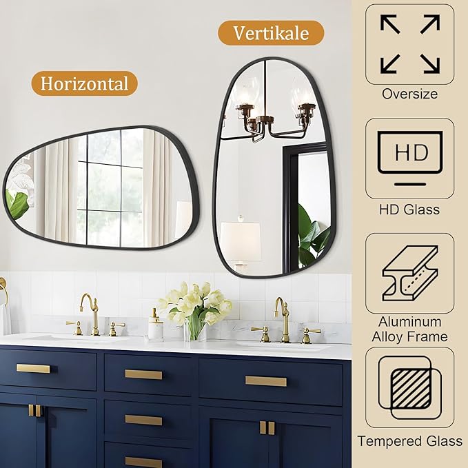 Black Irregular Bathroom Mirror for Wall, Aluminum Alloy Frame Asymmetrical Mirrors Brushed Metal Vanity Wall Mounted Mirror for LivingRoom Bedroom Room Home Decor Large 26
