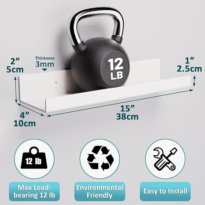 Albumgit 2 Pack Acrylic Shelves for Wall Storage, Self-Adhesive 15" White Floating Shelf for Figures, Photo, Makeup, Book, Wall Mounted Shelves for Bathroom, Living Room, Bedroom, Kitchen