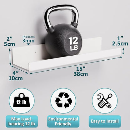Albumgit 2 Pack Acrylic Shelves for Wall Storage, Self-Adhesive 15" White Floating Shelf for Figures, Photo, Makeup, Book, Wall Mounted Shelves for Bathroom, Living Room, Bedroom, Kitchen