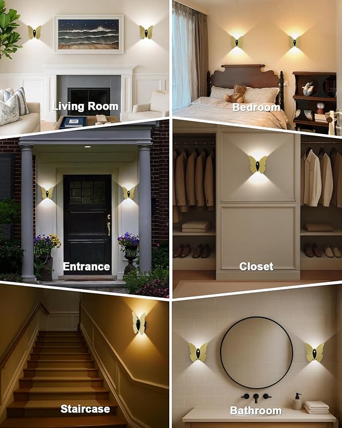Magnetic Motion Sensor Wall Light: 5000mAh Rechargeable Battery Powered Wall Sconce Set of 2 with Remote, 3 Colors Wireless Wall Lamp LED Up and Down Wall Sconce for Hallway Stairway Bedroom, Gold