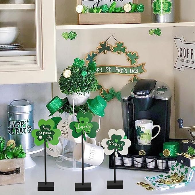 Happy St. Patrick's Day Blessed Lucky Irish Wood Sign Decor Farmhouse Home Office Coffee Bar Kitchen Table Decor 3 Pieces Green