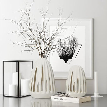Ceramic Vase - Set of 2 for Home Decor,White Hollow-Out Design Vases Minimalist Nordic Boho Style for Modern Farmhouse Decor, Living Room、 Kitchen、Mantle、Bedroom、Dining Table、Office