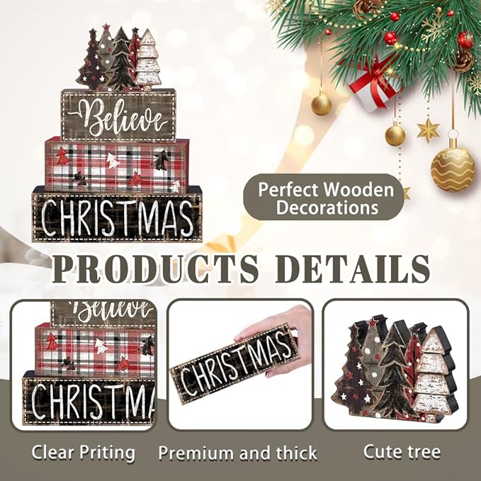 DIYDEC 4Pcs Christmas Table Decoration Christmas Tree Wooden Block Sign Xmas Tiered Tray Decor Winter Centerpiece Decorative Sign for Holiday Tabletop Coffee Fireplace Shelf Desk Party Decor