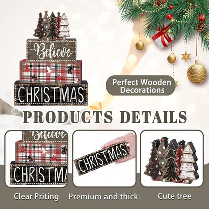 DIYDEC 4Pcs Christmas Table Decoration Christmas Tree Wooden Block Sign Xmas Tiered Tray Decor Winter Centerpiece Decorative Sign for Holiday Tabletop Coffee Fireplace Shelf Desk Party Decor
