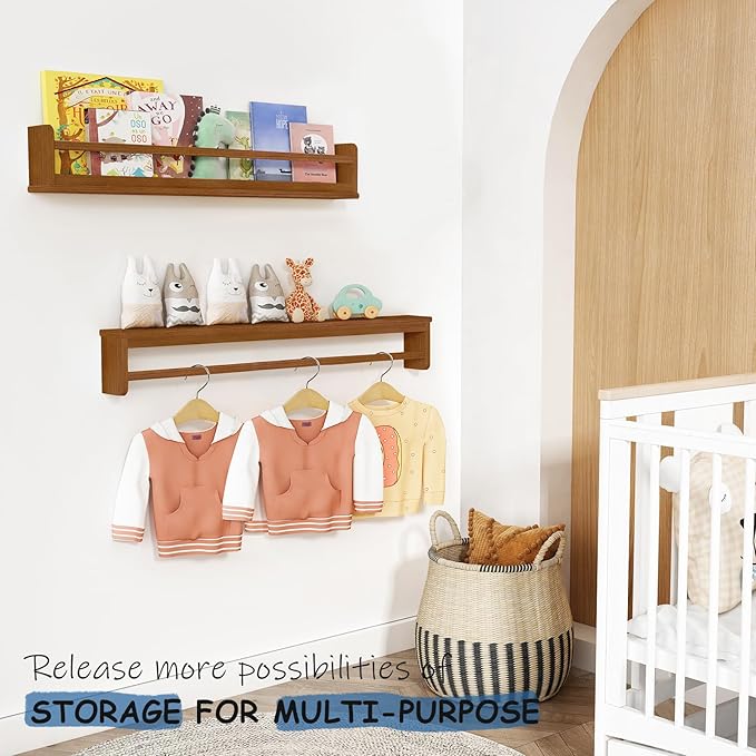 Dark Wood Wall Bookshelf for Kids Bedroom, 36 Inch Floating Nursery Bookshelf for Baby Girl Boy Room, Wooden Hanging Toddler Book Shelves for Wall (36 inch, Walnut Brown, 3-Pack)