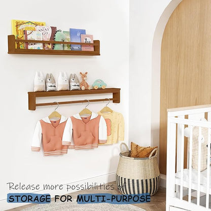 Dark Wood Wall Bookshelf for Kids Bedroom, 36 Inch Floating Nursery Bookshelf for Baby Girl Boy Room, Wooden Hanging Toddler Book Shelves for Wall (36 inch, Walnut Brown, 3-Pack)