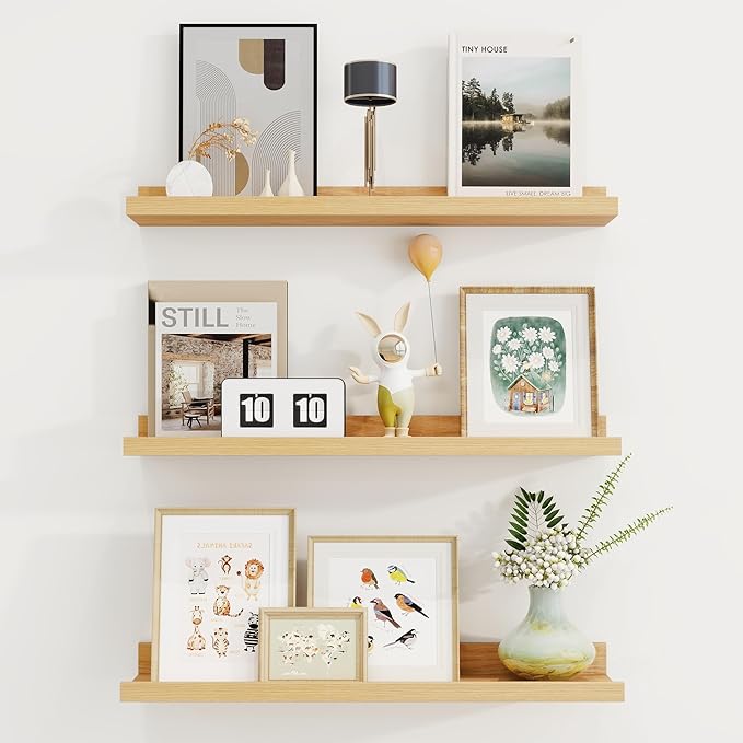 Axeman Picture Ledge Shelf | 24 Inch Oak Floating Shelves Set of 3 | Rustic Wood Wall Shelves with Lip | 24