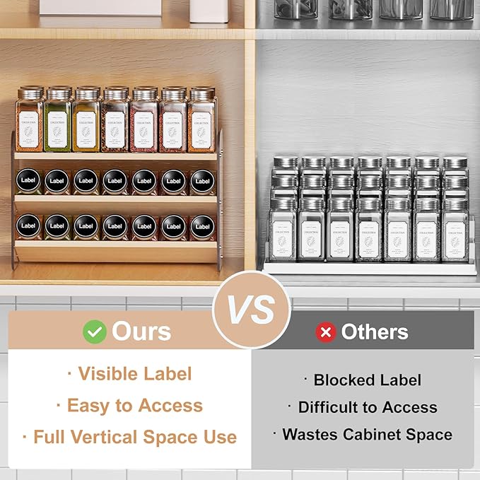 MUDEELA Clear Spice Rack Organizer for Cabinet, 3 Tiered Vertical Spice Shelf, Wooden Seasoning Organizer for Countertop, Kitchen, Pantry, Freestanding, 13.3