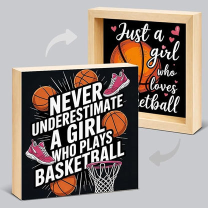 Basketball Home Decor - Gift for Girl Basketball Lover - Double-sided Wood Box Sign for Home Kitchen Farmhouse Office Tiered Tray Desk Shelf Decor