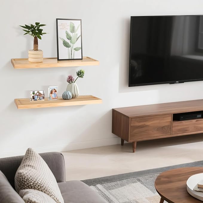 24 inch Bathroom Floating Shelves for Wall - Natural Solid Wood Over Toilet Shelves Set of 2 Decoration for Living Room Bedroom Kitchen Farmhouse 24x6.7 inch - Natural