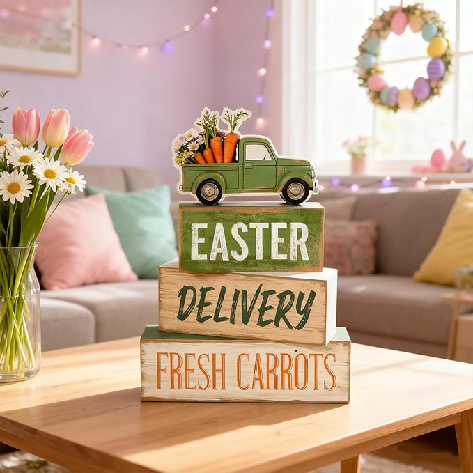 Easter Decorations - Easter Truck Tiered Tray Decor Set - Wooden Farm Fresh Carrots Tabletop Decoration - Rustic Farmhouse Spring Home Decor Indoor for Tiered Tray Shelf Mantel Coffee Table Gift - Spring Home Decor for Living Room, Kitchen Counter