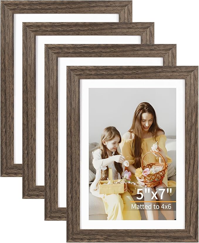 ATOBART 5x7 Picture Frame Set of 4, Displays 4x6 with Mat or 5x7 Without Mat, Photo Frames for Wall Hanging or Tabletop, Includes HD Plexiglass, Brown
