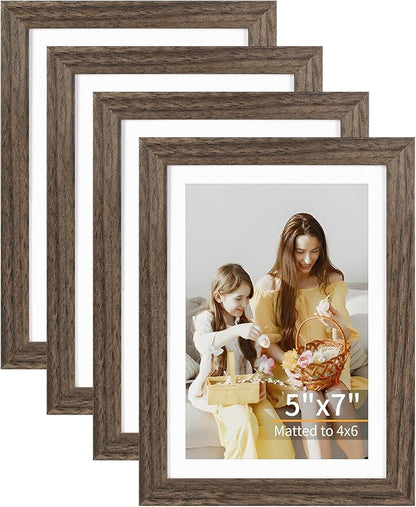 ATOBART 5x7 Picture Frame Set of 4, Displays 4x6 with Mat or 5x7 Without Mat, Photo Frames for Wall Hanging or Tabletop, Includes HD Plexiglass, Brown