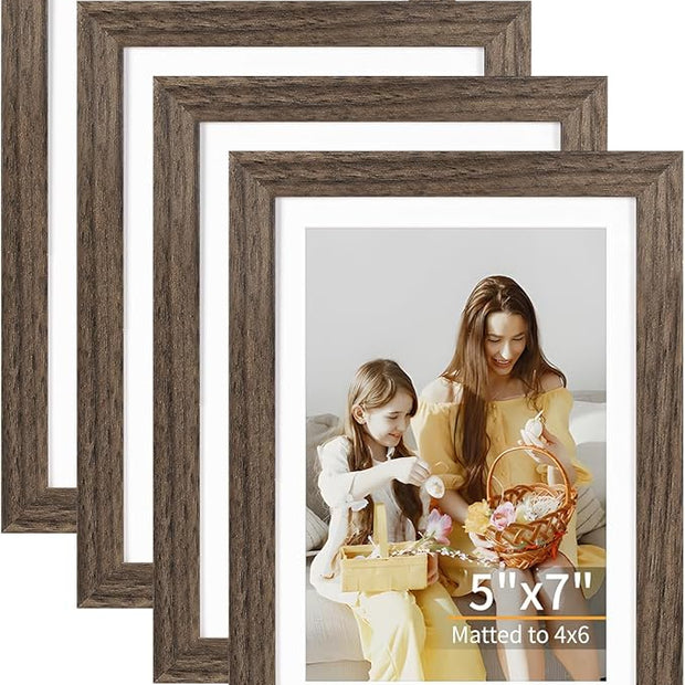 ATOBART 5x7 Picture Frame Set of 4, Displays 4x6 with Mat or 5x7 Without Mat, Photo Frames for Wall Hanging or Tabletop, Includes HD Plexiglass, Brown