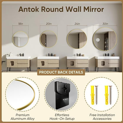 Antok 30 Inch Round Mirror for Wall, Round Bathroom Mirror, Circle Wall Mirrors with Gold Metal Frame, Circle Mirrors Suitable for Wall, Bathroom, Vanity, Living Room, Entryway