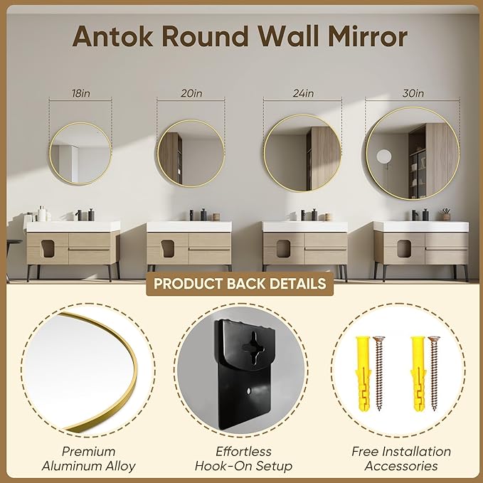 Antok 30 Inch Round Mirror for Wall, Round Bathroom Mirror, Circle Wall Mirrors with Gold Metal Frame, Circle Mirrors Suitable for Wall, Bathroom, Vanity, Living Room, Entryway