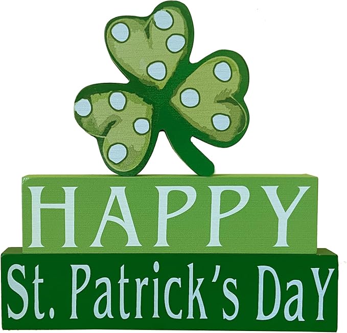Happy St. Patrick's Day Wood Block Table Sign, Wooden Shamrock Table Top Decorations Tiered Trays Desk Shelf Irish Home Office Coffee Bar Decor 3 Pieces Green