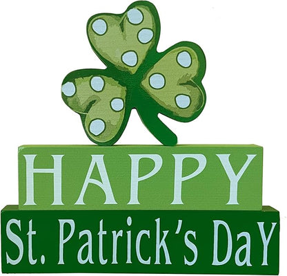 Happy St. Patrick's Day Wood Block Table Sign, Wooden Shamrock Table Top Decorations Tiered Trays Desk Shelf Irish Home Office Coffee Bar Decor 3 Pieces Green