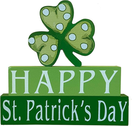 Happy St. Patrick's Day Wood Block Table Sign, Wooden Shamrock Table Top Decorations Tiered Trays Desk Shelf Irish Home Office Coffee Bar Decor 3 Pieces Green