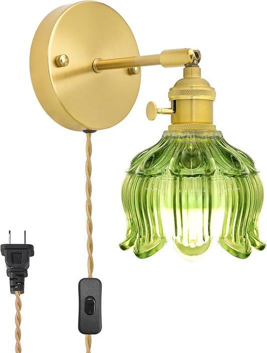 Plug in Wall Sconces,Plug in Wall Lamp, Vintage Wall Light with Green Tulip Glass Lampshade, 3-Way Dimmable with Dual Switches, No Wiring Needed for Bedroom Wall Decor and Hallway