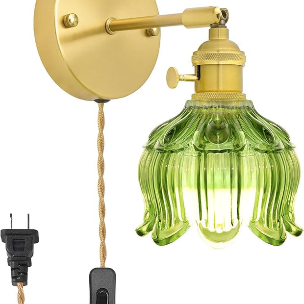 Plug in Wall Sconces,Plug in Wall Lamp, Vintage Wall Light with Green Tulip Glass Lampshade, 3-Way Dimmable with Dual Switches, No Wiring Needed for Bedroom Wall Decor and Hallway