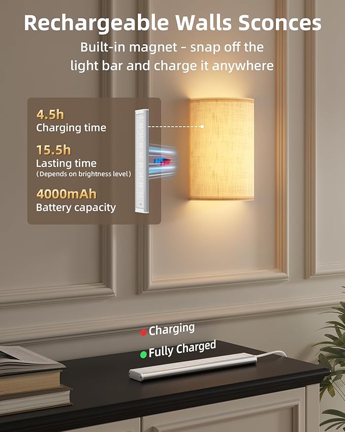 EZVALO Battery Operated Wall Sconce, Rechargeable Wall Sconces Set of Two with Remote, 3 Color & 80 RGB Wireless Wall Lights, Dimmable, Timer, Fabric Linen Shade Wall Decor for Bedroom, Living Room