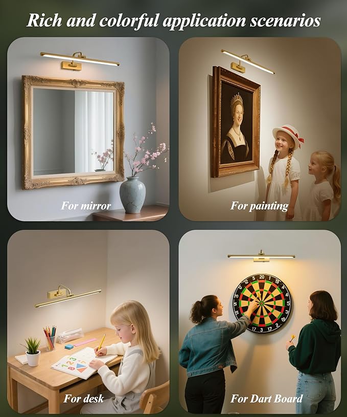 Picture Lights for Wall Battery Operated, Rechargeable Light for Pictures with Remote & Timer, Gold Art Light for Paintings 24 Inch Wireless Dimmable Cordless Gallery Frame Lights with 3CCT