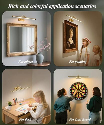 Picture Lights for Wall Battery Operated, Rechargeable Light for Pictures with Remote & Timer, Gold Art Light for Paintings 24 Inch Wireless Dimmable Cordless Gallery Frame Lights with 3CCT