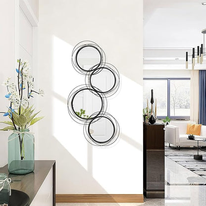 Round Decorative Wall Mirror, Black 4 Pcs Circle Modern Mirror Wall Art Ring Metal Mirrors Wall Mounted for Living Room Bedroom Entryway Dining Room Hallway 16x32 Inch