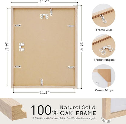 puthiac 11x14 Solid Oak Wood Picture Frame, Fits 8x10 with Mat or 11x14 Without Mat, Wall Display Only, Vertical or Horizontal, Plexi Front, 3 Pack, Natural Oak