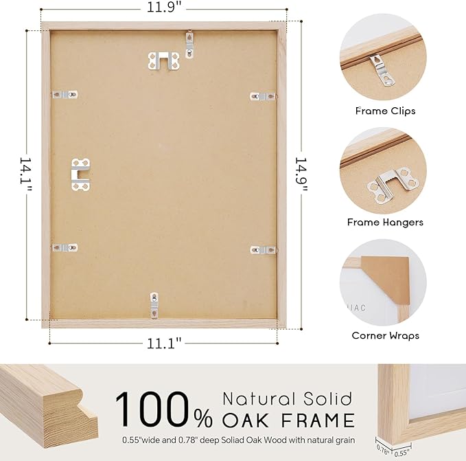puthiac 11x14 Solid Oak Wood Picture Frame, Fits 8x10 with Mat or 11x14 Without Mat, Wall Display Only, Vertical or Horizontal, Plexi Front, 3 Pack, Natural Oak