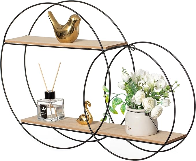 Vintiquewise Interlinked Round Wall-Mounted Shelf - Dual-Size Circular Design, Sturdy Metal Frame and 2-Tier Wooden Shelves for Modern Decor, Home Organization and Practical Storage Solutions, Black