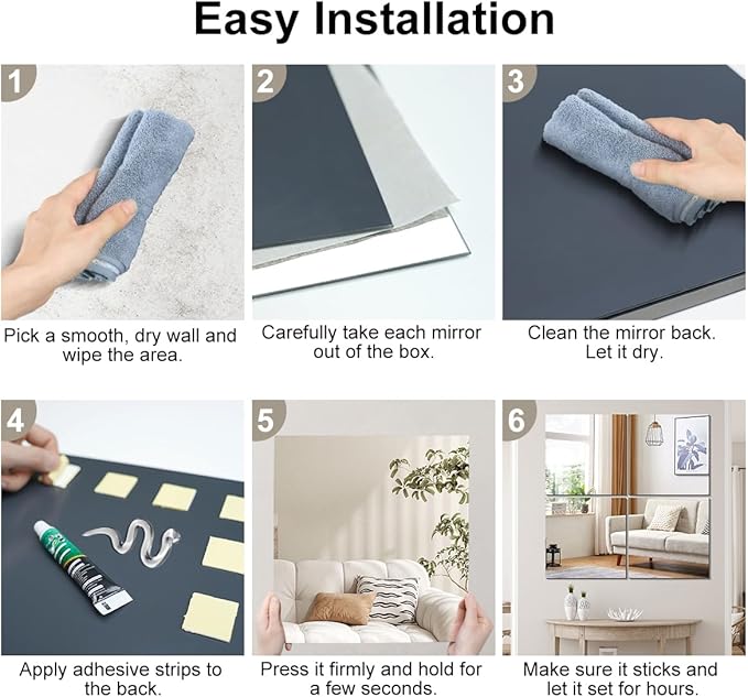 Vlush Adhesive Mirror Tiles 12'' x 12'' x 10PCS Home Gym Decor Full Body & Full Length Mirrors Wall Mounted Mirrors Decorative for Home Gym, Door, Bedroom & Bathroom