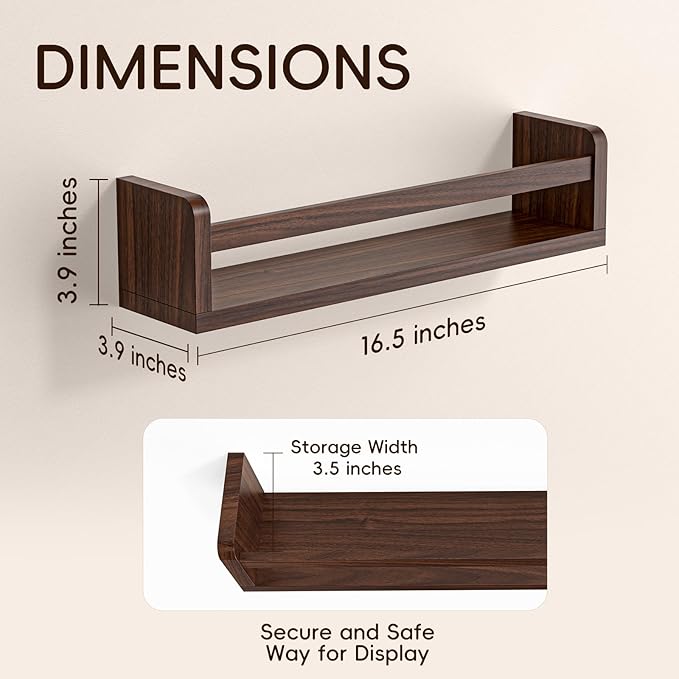 Floating Wall Nursery Book Shelves for Bedrooms Kids 16.5 Inch Walnut Color Wooden Baby Book Shelf for Kids Rooms Set of 3 Nursery Shelves for Wall Mounted Toddler Bookshelf