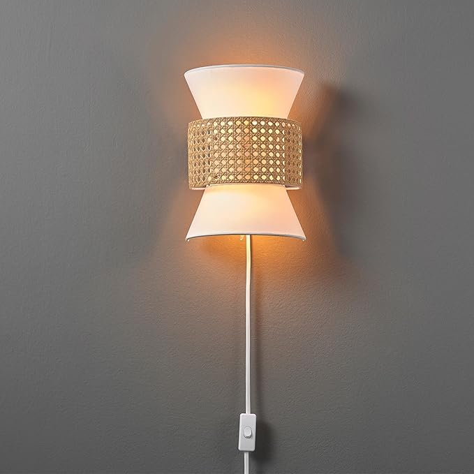 Globe Electric 65925 2-Light Plug-in or Hardwire Wall Sconce, Matte White Fabric Shade with Natural Rattan Accent, 6ft Braided Cord, in-Line Rocker Switch, Modern Lighting for Apartments or Renters
