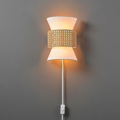 Globe Electric 65925 2-Light Plug-in or Hardwire Wall Sconce, Matte White Fabric Shade with Natural Rattan Accent, 6ft Braided Cord, in-Line Rocker Switch, Modern Lighting for Apartments or Renters