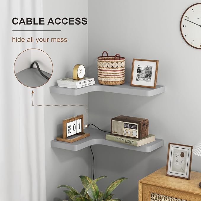 fuqing Corner Floating Shelves, Wall Shelf Set of 3, Shelves for Wall Storage, Solid Wood Shelves for Storage, Wall Mount Wooden Display Shelf for Bathroom Bedroom Kitchen Garage, Dark Grey