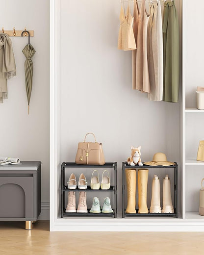 3 Tiers Small Shoe Rack,Narrow Stackable Shoe Shelf Organizer,Sturdy Shoe Stand, Non-Woven Fabric Metal Shoe Racks for Entryway, Doorway and Bedroom Closet