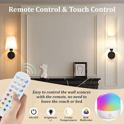 Battery Operated Wall Sconces Set of 2, Rechargeable Black Wall Sconce with Remote Control, 12 Colors RGB Magnetic Bulb, Wireless Battery Wall Lamp for Bedroom Living Room Hallway