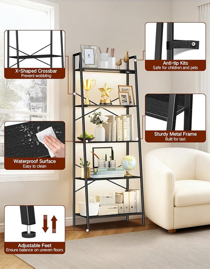 5-Tier Wide Ladder Shelf with LED Lights, Touch & Remote Control, 3 Color Temperatures, Dimmable Tall Corner Standing Bookcase, Metal Wood Display Shelf for Living Room, Bedroom(Black)
