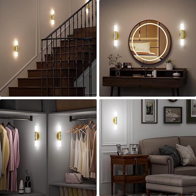 Motion Sensor Wall Sconces with Remote Control, LED Rechargeable Battery Operated Wall Lights Set of Two for Living Room, Indoor Wireless Wall Lamps for Bedroom, Hallway, Stair, Gold 2 Pack